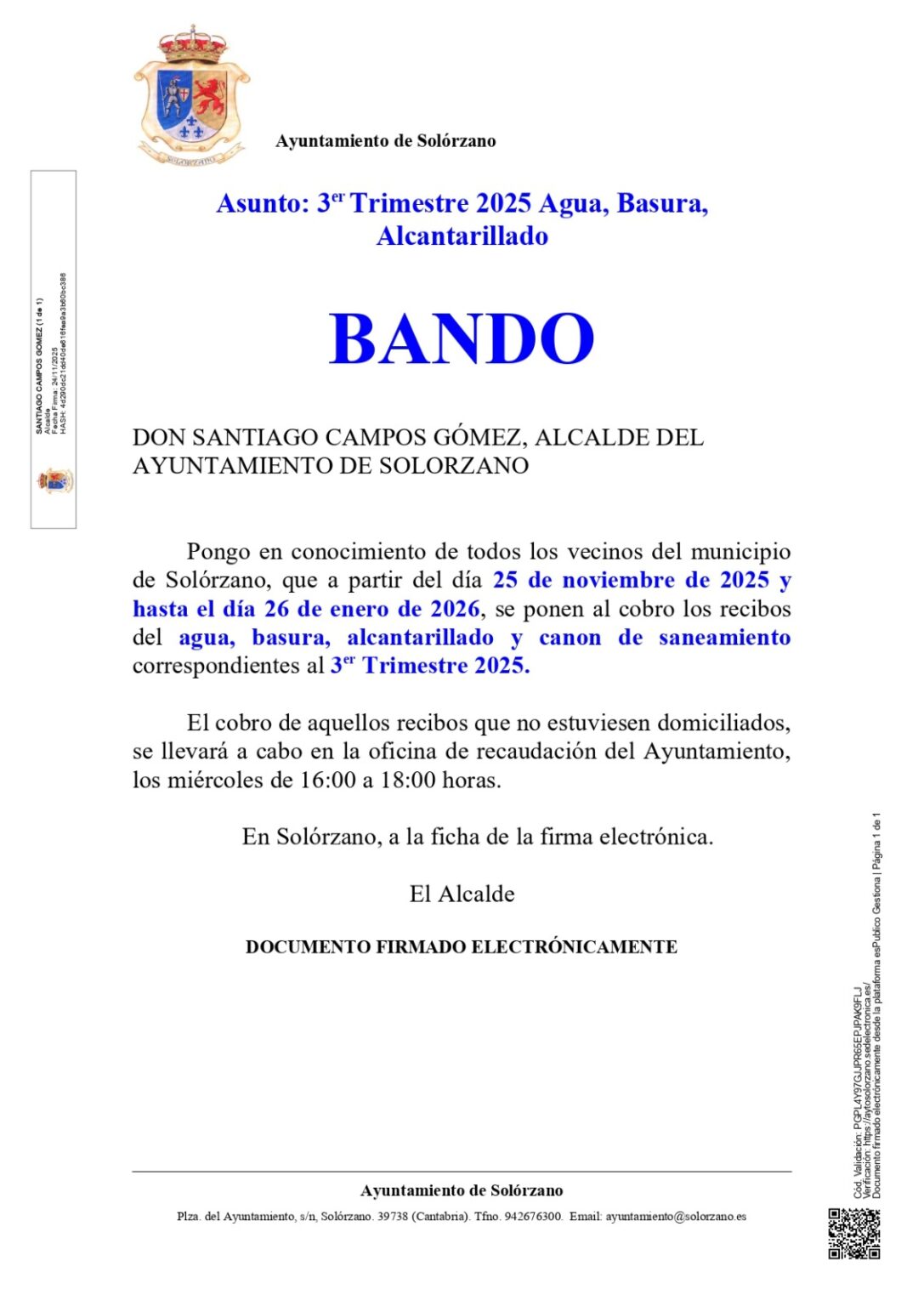 Bando: Cobro de recibos del 3º Trimestre 2025 – Ayuntamiento de Solórzano